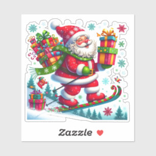 Kerstman blij skiën met geschenken sticker
