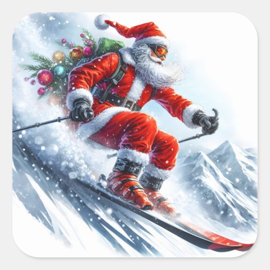 Kerstman blij skiën op een besneeuwde berg vierkante sticker (Voorkant)