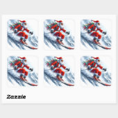 Kerstman blij skiën op een besneeuwde berg vierkante sticker (Vel)