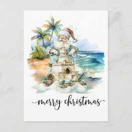 Kerstman bouwt zandkasteel voor Kerstmis Briefkaart