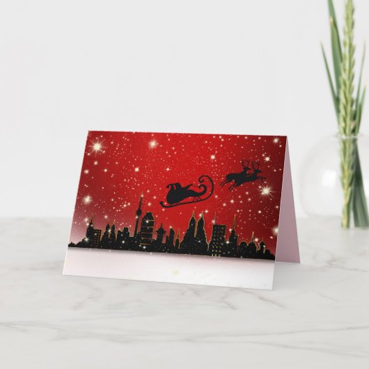 Kerstman boven de stad wenskaart kaart (Voorkant)