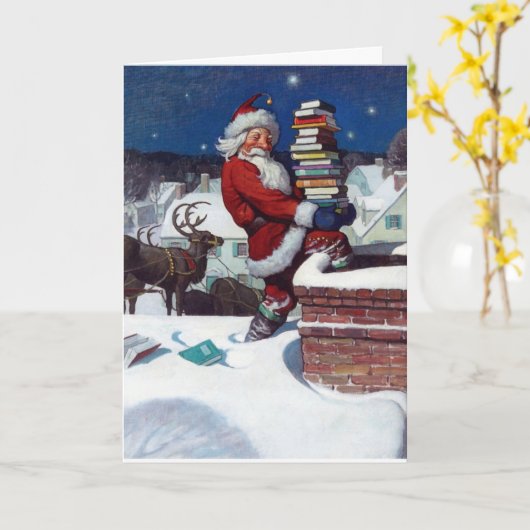 Kerstman brengt boeken rond met Kerstmis, Kaart (Gele Bloem)