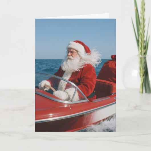 Kerstman brengt cadeaus met een speedboot kaart (Voorkant)