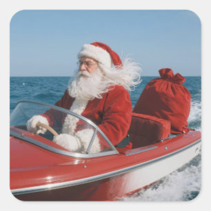 Kerstman brengt cadeaus met een speedboot vierkante sticker
