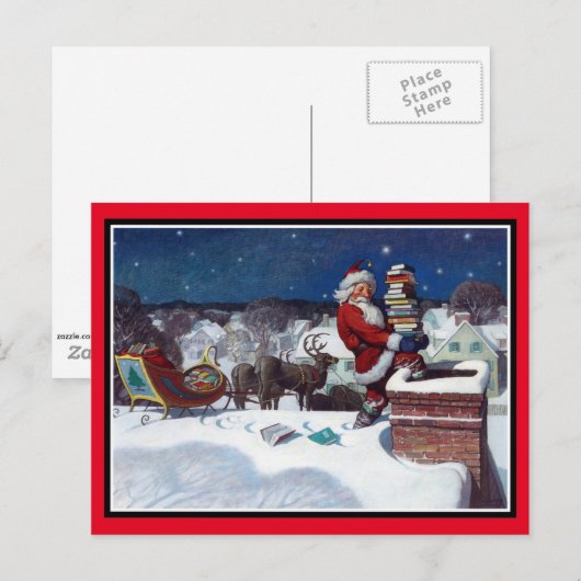 Kerstman brengt een lading boeken briefkaart (Voorkant / Achterkant)