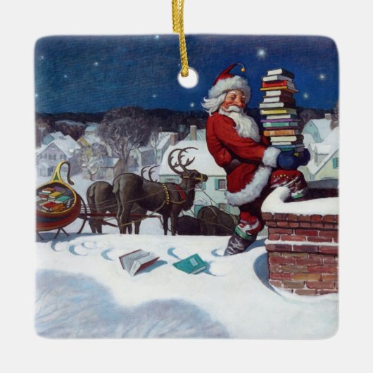 Kerstman brengt een lading boeken door Wyeth Keramisch Ornament (Voorkant)