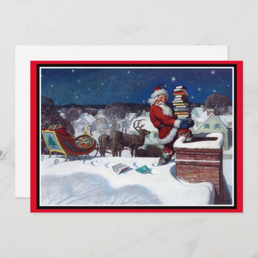 Kerstman brengt een lading boeken feestdagenkaart (Voorkant / Achterkant)