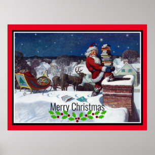Kerstman brengt een lading boeken poster