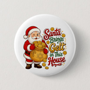 Kerstman brengt gelt in dit huis Christmukkah Jood Ronde Button 5,7 Cm