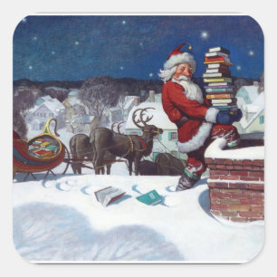 Kerstman brengt lading boeken bezorgd vierkante sticker