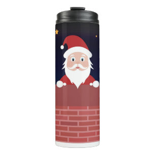 Kerstman brengt op kerstavond cadeaus in schoorste thermosbeker