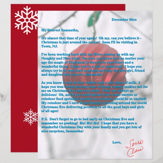Kerstman Brief Rood Ornament Sneeuwvlokken (Voorkant / Achterkant)