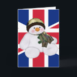 Kerstman British Soldier Snowman Feestdagen Kaart<br><div class="desc">Een Britse soldaat met de kerstsneeuwman,  gekleed in een pet met een camo-patroon en sjaal... op een vlag-achtergrond van een Britse Unienjack flag ...  aanpasbaar ...  personaliseer je eigen tekst ...  maak je kaarten dit jaar speciaal met Ricaso</div>