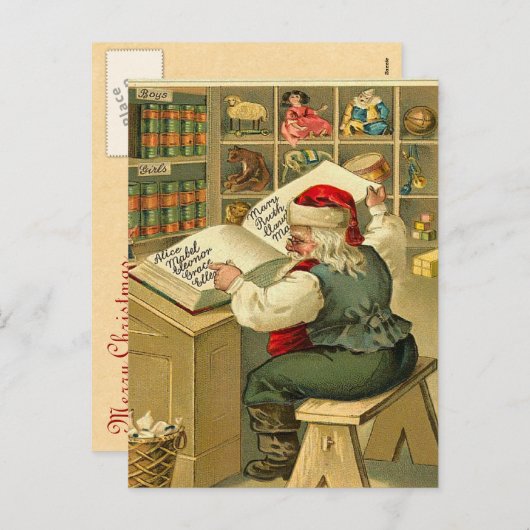  Kerstman checkt zijn lijst Feestdagenkaart (Voorkant / Achterkant)