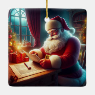 Kerstman controleert brieven voor verlanglijstjes keramisch ornament
