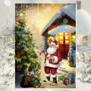 Kerstman Controleert Zijn Lijst Braaf Jonge Jongen Feestdagen Kaart