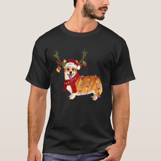 Kerstman Corgi Rendier Licht Kerstmis T-shirt (Voorkant)
