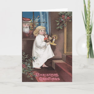 Kerstman Cute Kleine Meisjes Speelgoed Hulst Feestdagen Kaart