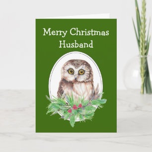 Kerstman Cute Owl Bird Holly PIne Feestdagen Kaart