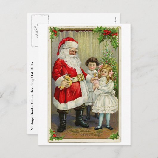 Kerstman deelt cadeaus uit Feestdagenkaart (Voorkant / Achterkant)