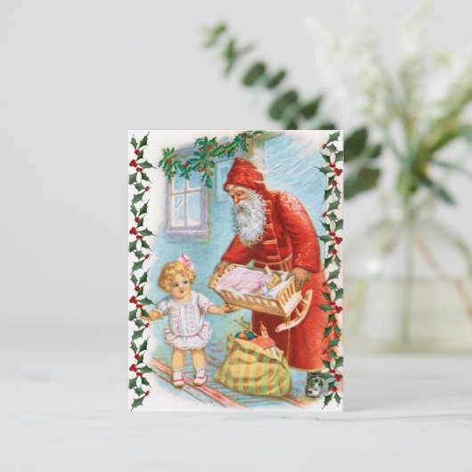 Kerstman deelt kerstcadeaus uit feestdagenkaart (Staand voorkant)