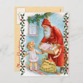 Kerstman deelt kerstcadeaus uit feestdagenkaart (Voorkant / Achterkant)