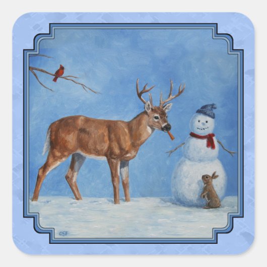 Kerstman Deer Cute Bunny Blue Vierkante Sticker (Voorkant)