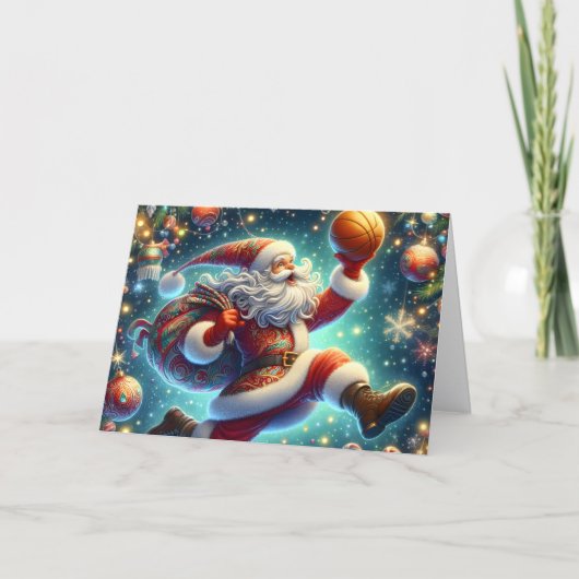 Kerstman die basketbal speelt feestdagen kaart (Voorkant)