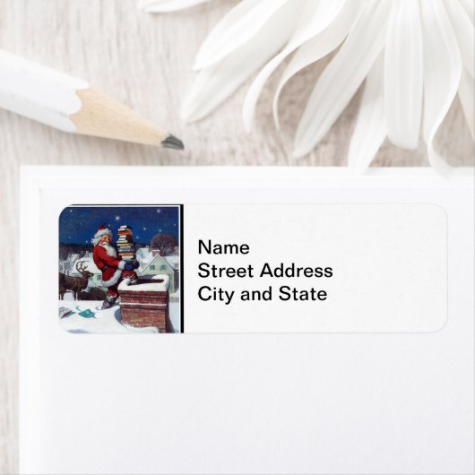 Kerstman die boeken bezorgt op kerstavond etiket (Insitu)