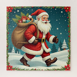 Kerstman die cadeaus bezorgt door besneeuwd bos legpuzzel