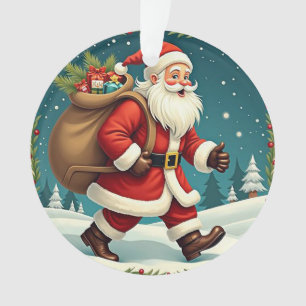 Kerstman die cadeaus bezorgt door besneeuwd bos ornament
