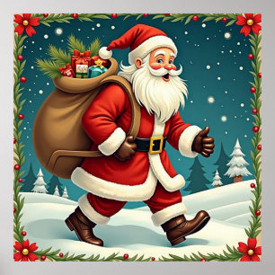 Kerstman die cadeaus bezorgt door besneeuwd bos poster