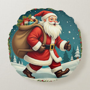 Kerstman die cadeaus bezorgt door besneeuwd bos rond kussen