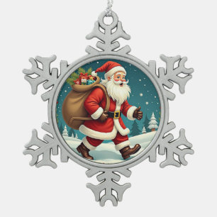 Kerstman die cadeaus bezorgt door besneeuwd bos tin sneeuwvlok ornament