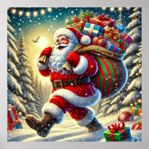 Kerstman die cadeaus bezorgt in een besneeuwde Ker Poster