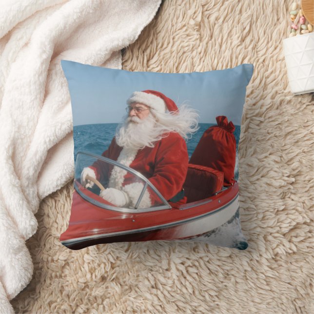 Kerstman die cadeaus bezorgt per speedboot kussen (Deken)