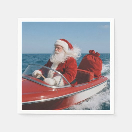 Kerstman die cadeaus bezorgt per speedboot servet (Voorkant)
