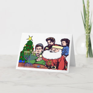 Kerstman die de Menora aansteekt - Kerstmis Chanuk Feestdagen Kaart