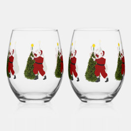 Kerstman die de ster op de kerstboom zet Wijn Glas