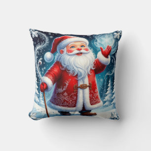 Kerstman die door besneeuwd winterwonderland schaa kussen
