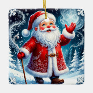 Kerstman die door besneeuwde winterwonderland scha keramisch ornament