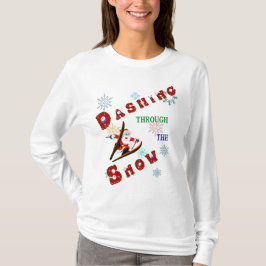 Kerstman die door de sneeuw op ski's snelt t-shirt