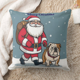 Kerstman die een bulldog wandelt Kerstkussen Kussen
