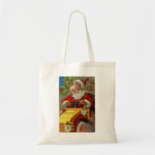 kerstman die een gele Canvas tas voor het autobud