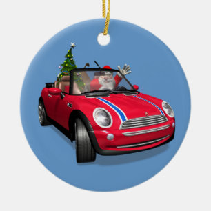Kerstman die een mini rijdt keramisch ornament