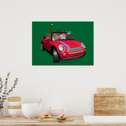 Kerstman die een mini rijdt poster (Keuken)