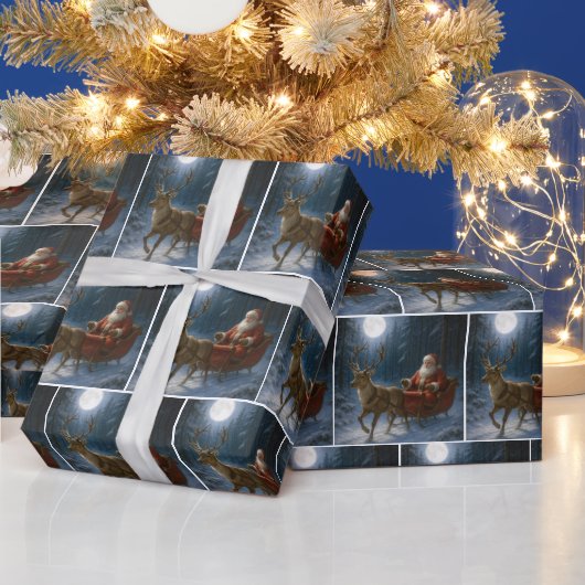 Kerstman die een slee bestuurt in het maanlicht cadeaupapier (Feestdagen)