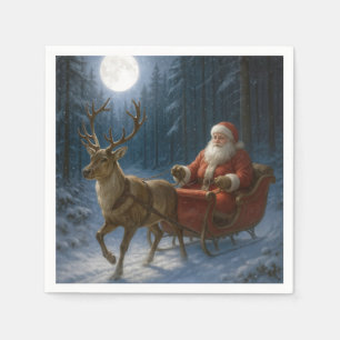 Kerstman die een slee bestuurt in het maanlicht servet