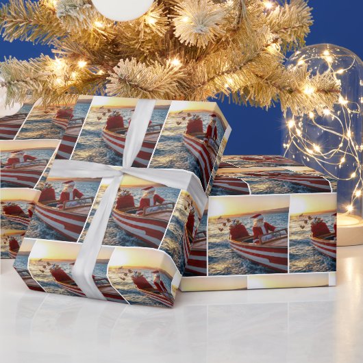 Kerstman die een speedboot bestuurt cadeaupapier (Feestdagen)