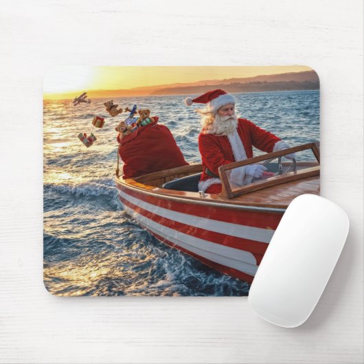 Kerstman die een speedboot bestuurt muismat (Met muis)